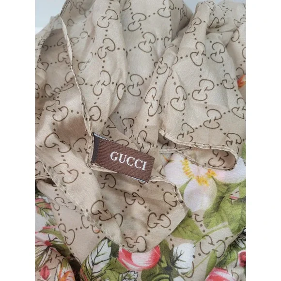 Gucci Silk Scarf Floral Print Beige GG Monogram Made in Italy Luxury 72x36 - Picture 2 of 12